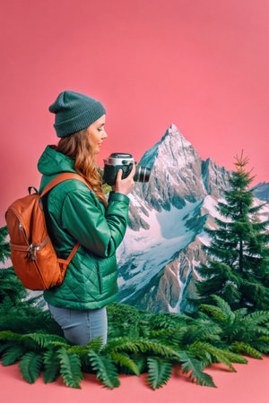 Young woman with camera and backpack on the background of snow-capped mountainsの素材