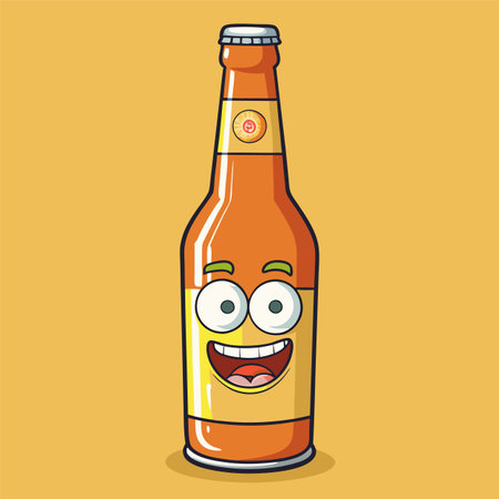 Cartoon beer bottle. Vector illustration isolated on the yellow background.のイラスト素材