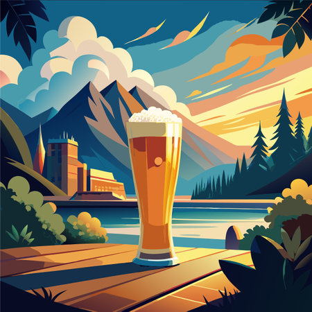 Vector illustration of a glass of beer on the background of the lake.のイラスト素材