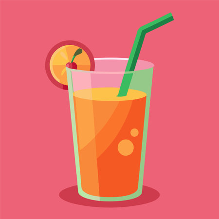 Orange juice in a glass with a straw. Vector illustration in flat styleのイラスト素材