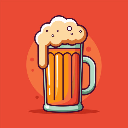 Beer mug with foam. Vector illustration in flat style on red background.のイラスト素材