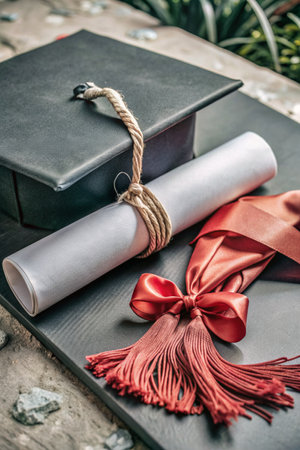 Graduation cap and diploma with red ribbon - Vintage effect style picturesの素材