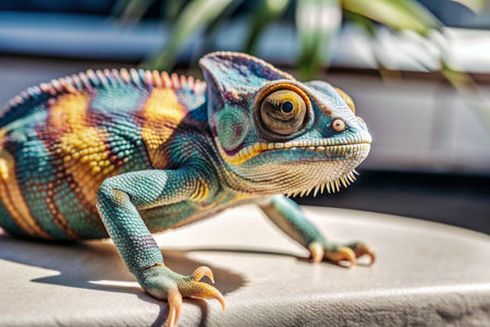 Close up of a colorful chameleon sitting on a chair.の素材
