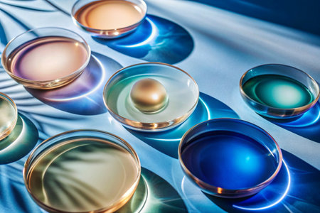 Colorful petri dishes on blue background. 3D rendering.の素材