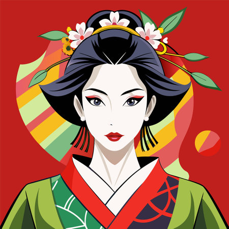 Beautiful geisha in traditional kimono. Vector illustration.のイラスト素材