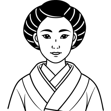 Japanese woman in kimono. Black and white vector illustration.のイラスト素材