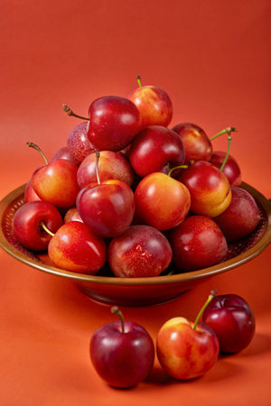 Ripe red plums in a bowl on a red background.の素材