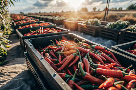 Pile of red and yellow hot chili peppers for sale in a marketの素材