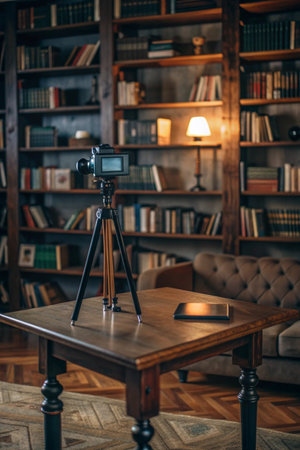 Vintage photo camera on tripod and bookshelf in library.の素材