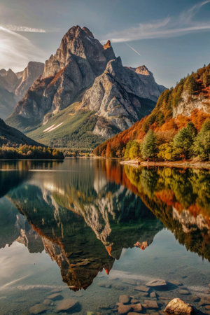 Autumn landscape in the Dolomites, Italy. The reflection of the mountains in the lakeの素材