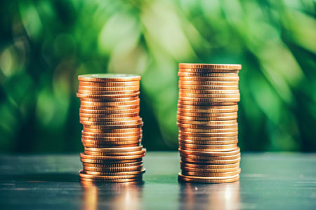 Coins stacked on each other with green bokeh background.の素材