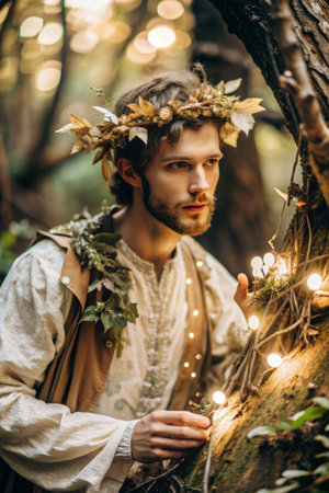 Portrait of a man in a medieval costume on the background of a magical forest.の素材
