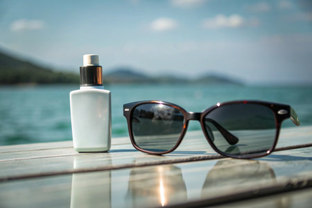 sunglasses and bottle of sunblock on the table with sea backgroundの素材