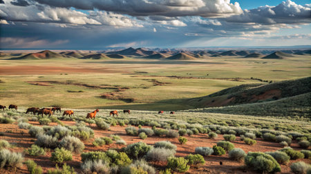 Horses grazing in the high desert of Utah in the United Statesの素材