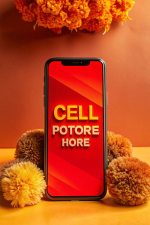 Closeup of a smart phone with the text click here on orange backgroundの素材