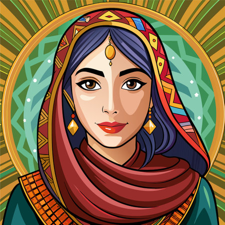 Portrait of a beautiful girl in a turban. Vector illustrationのイラスト素材