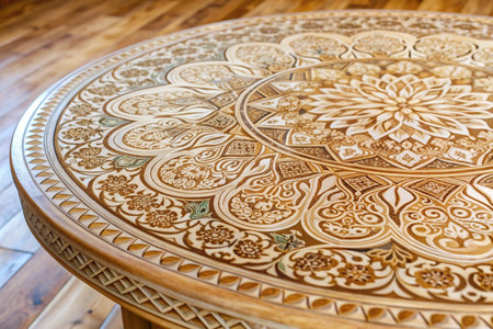 Wooden table in the interior of a country house with a beautiful patternの素材