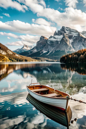 Boat on lake Misurina in Dolomites, Italyの素材
