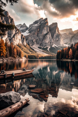 Lago di Braies lake in Dolomites mountains, Italy.の素材