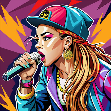 Vector illustration of a girl singing into a microphone on a colorful background.のイラスト素材