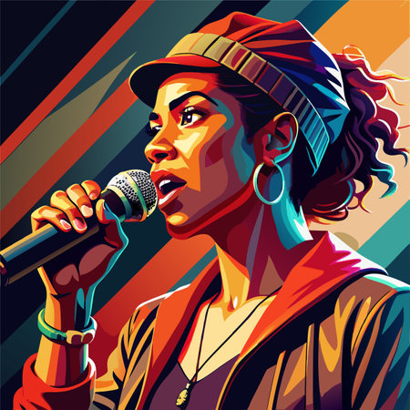 Vector illustration of jazz singer with microphone on colorful background for music festivalのイラスト素材