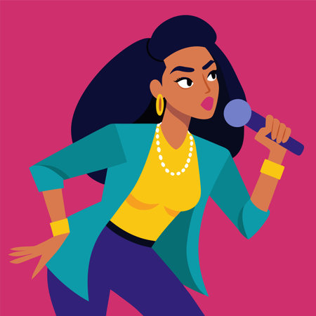 African American girl singing with microphone. Vector illustration in flat styleのイラスト素材