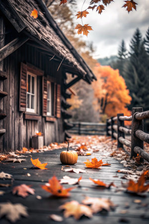 Pumpkin in front of a wooden house in the autumn forestの素材