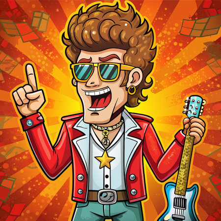 Cartoon rock musician with guitar on colorful background. Vector illustration.のイラスト素材