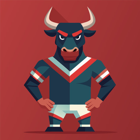 Vector illustration of a strong bull in a sports suit on a red background.のイラスト素材
