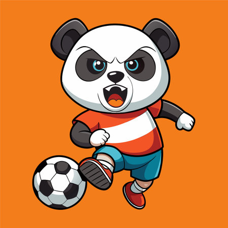 Panda playing soccer. Cartoon vector illustration isolated on orange background.のイラスト素材