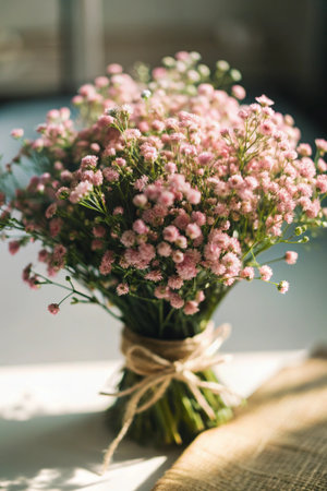 Bouquet of small pink gypsophila flowers in vaseの素材