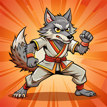 Cartoon illustration of a wolf fighter in kimono on orange backgroundのイラスト素材
