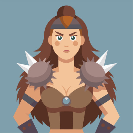 Beautiful woman warrior with weapons. Vector illustration in flat style.のイラスト素材