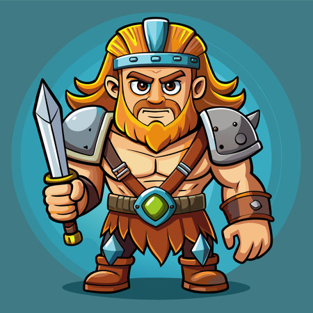 Viking warrior with two axes and shield. Cartoon vector illustration.のイラスト素材