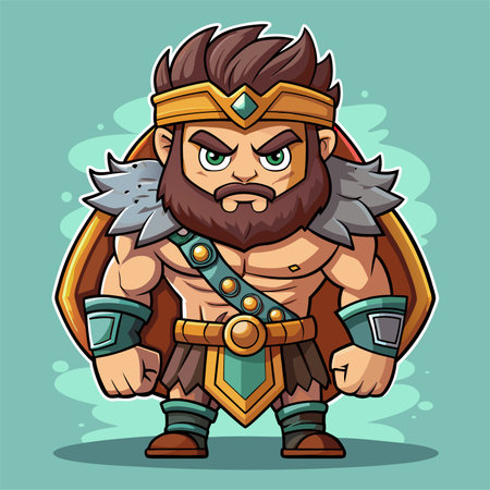 Cartoon barbarian warrior with shield and sword. Vector illustration.のイラスト素材