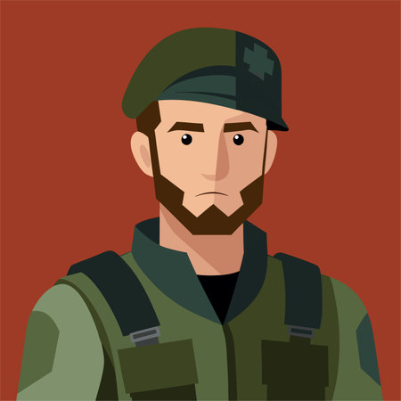 Soldier with a beard in a military uniform. Vector illustration.のイラスト素材