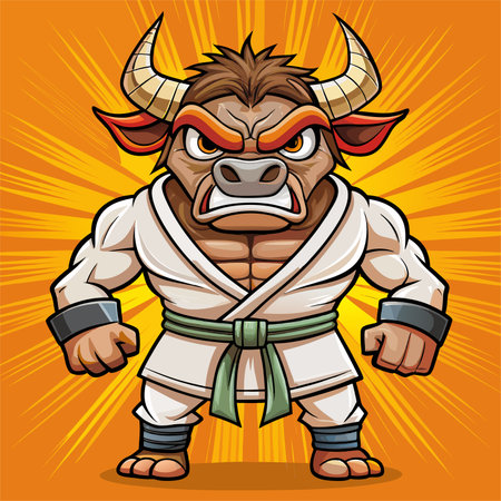 Vector illustration of a cartoon bull fighter in kimono with big horns.のイラスト素材