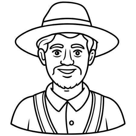 Outline illustration of a man wearing a hat and suspenders.のイラスト素材
