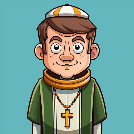 Cartoon priest with a cross in his hand. Vector illustration.のイラスト素材