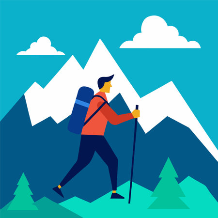 Hiking in the mountains. Vector illustration in flat design style.のイラスト素材