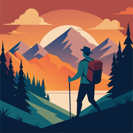 vector illustration of hiking climbing in the mountainのイラスト素材