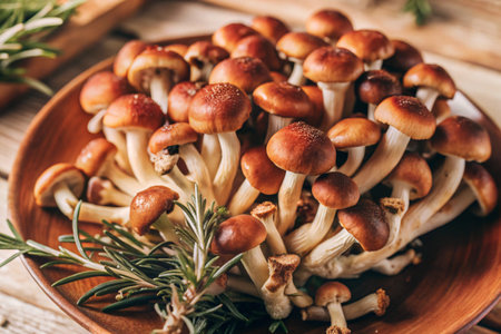 Fresh honey agaric mushrooms with rosemary on a wooden backgroundの素材