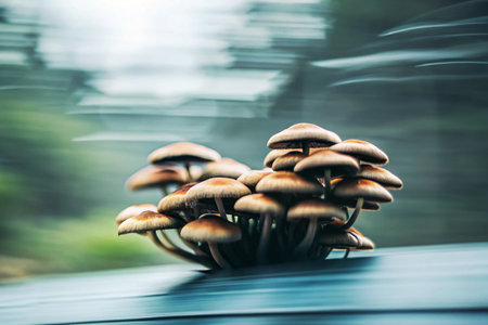 mushrooms on the hood of a car, shallow depth of fieldの素材