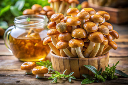 Fresh mushrooms in a bowl on a wooden background. Selective focus.の素材