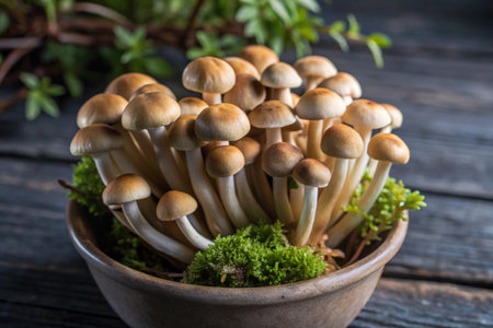 Brown Shimeji mushrooms in a ceramic bowl on wooden background.の素材