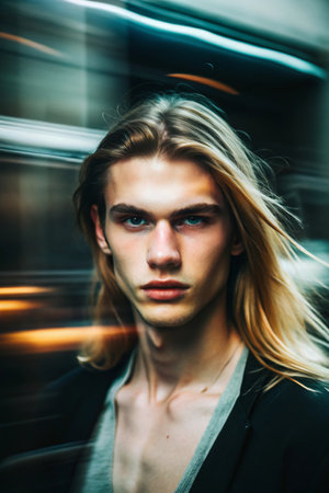 Portrait of a handsome young man with long blond hair. Male beauty, fashion.の素材
