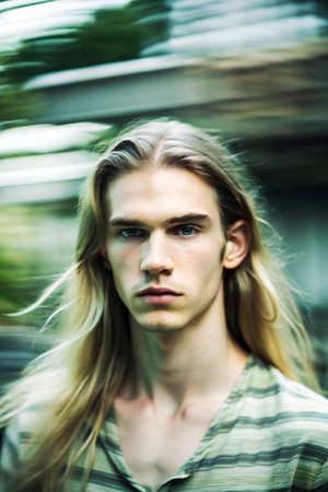 Portrait of a handsome young man with long blond hair in the cityの素材