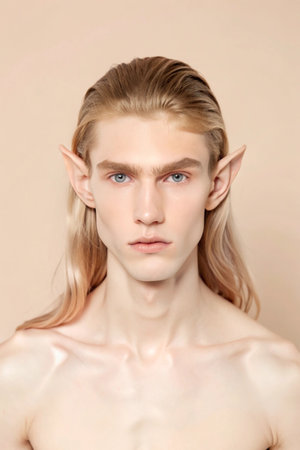 Portrait of a beautiful young man with long blond hair on a beige backgroundの素材