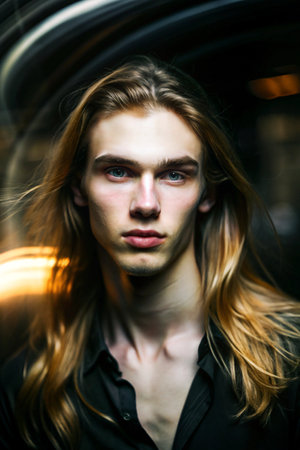 Portrait of a handsome young man with long blond hair. Fashion shot.の素材