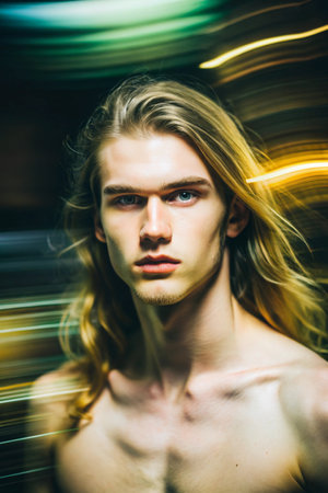 Portrait of a handsome young man with long blond hair and blue eyes.の素材
